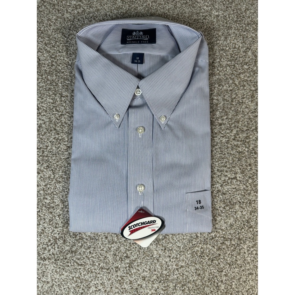 Stafford Super Shirt Mens 18 34-35 Blue Stripe Wrinkle Free Pinpoint Oxford NWT
